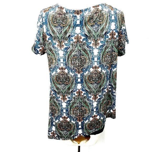 AB Studio Asymmetric Print Scoop Neck Short Sleeve Top Blouse Shirt Size L EUC - Picture 4 of 15